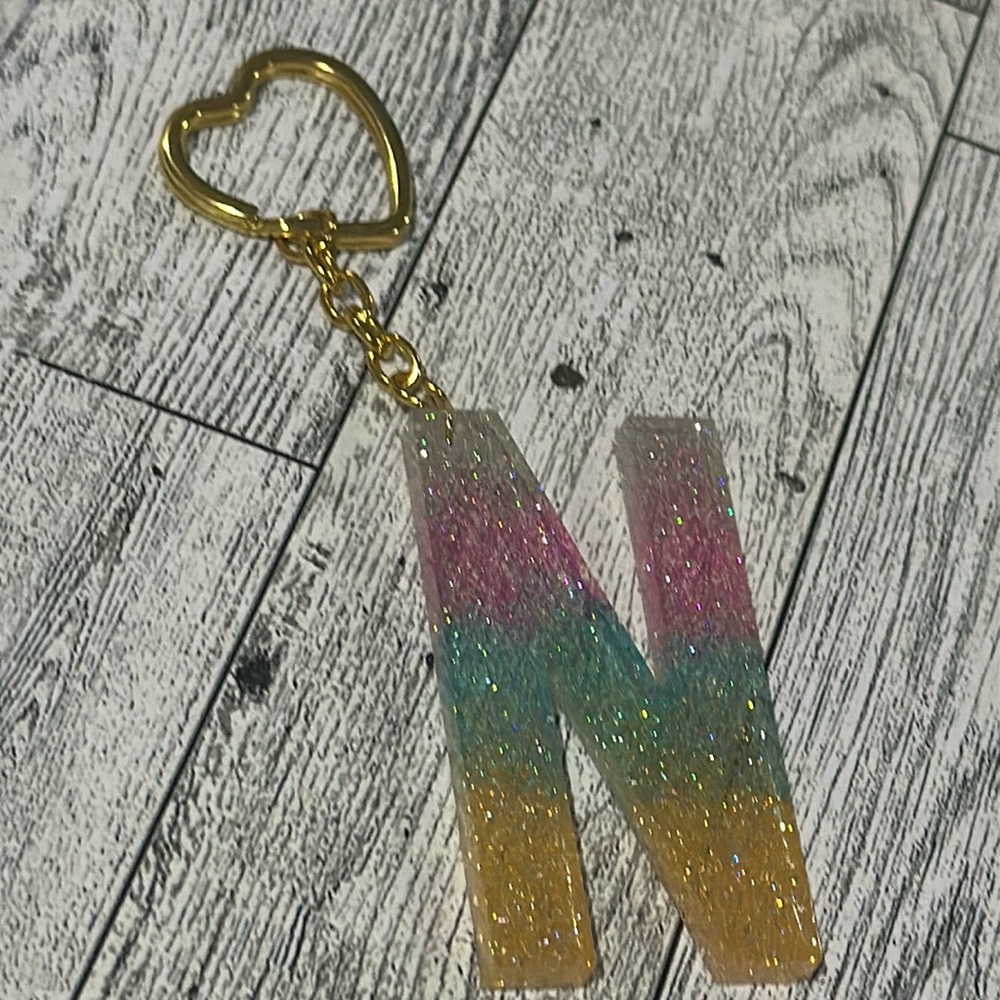 Resin sparkling monogram N key chain handmade